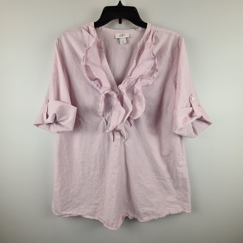 Ann Taylor LOFT Pink White Pinstripe Ruffle Henley Blouse XL Roll Tab Sleeve